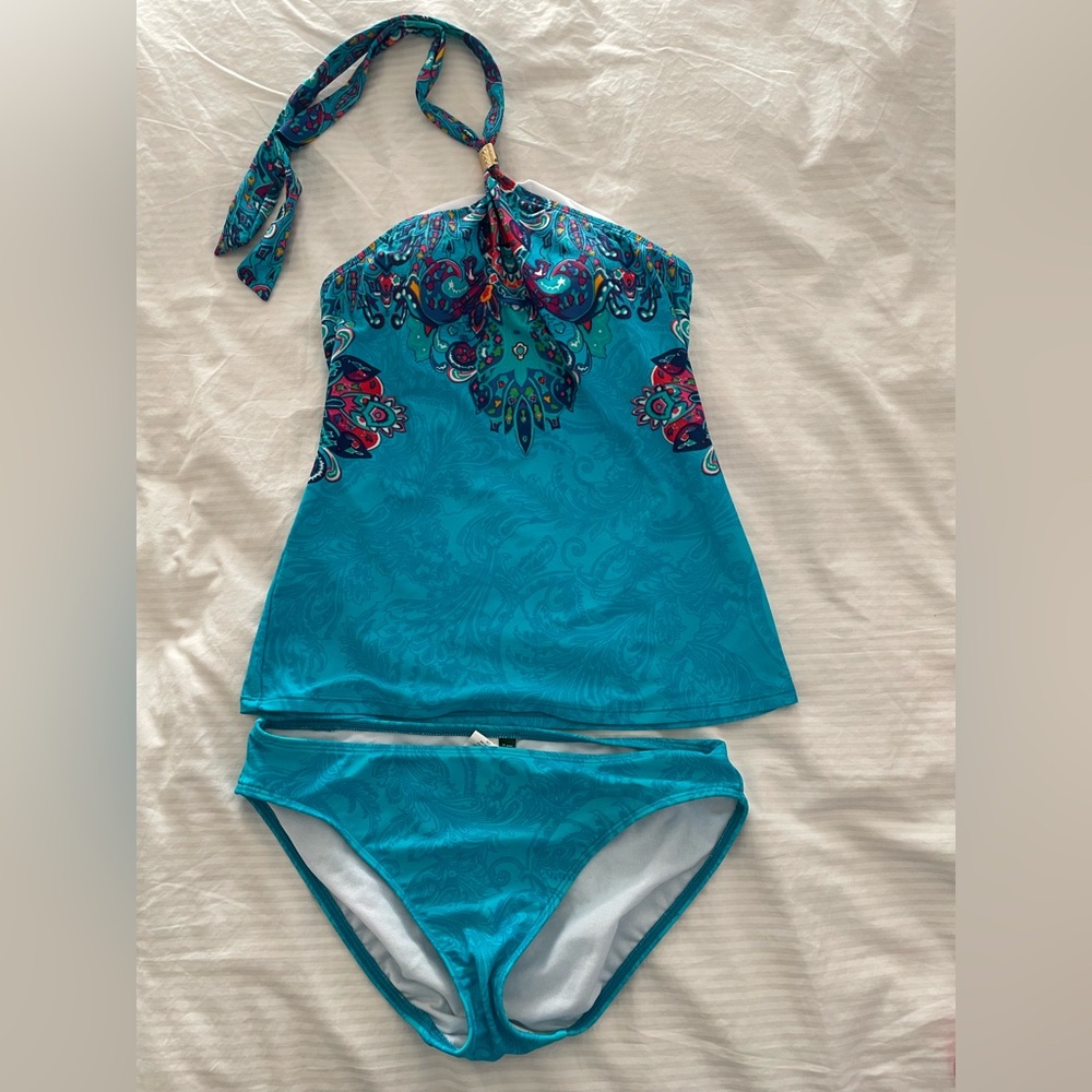 Ralph Lauren 2 Pc Swimsuit Halter Tankini Turquoise Multi/Gold Accent